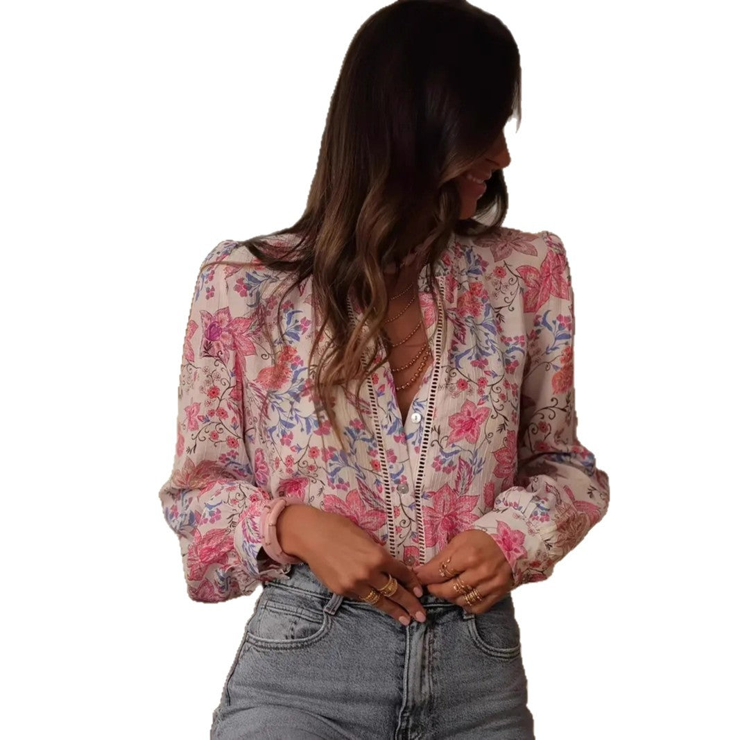 V-neck Single Breasted Shirt For Women
