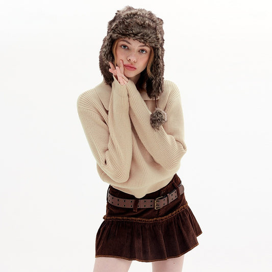 Oatmeal Color Lapel Korean Style Women's Sweater Idle Style Simple