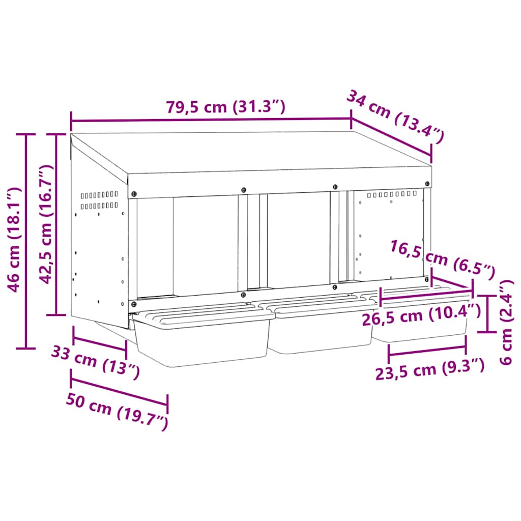 Chicken Nesting Box 3 Compartments Wall Mounted Galvanized