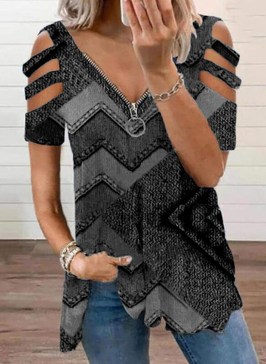 New Women's Casual Hollow Out Shoulder V-Neck Loose T-Shirt Top