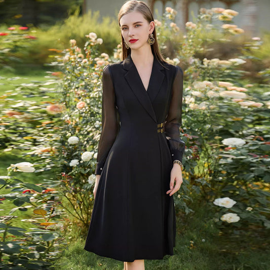 Stylish Black Lace-sleeve Waist-cinched Dress