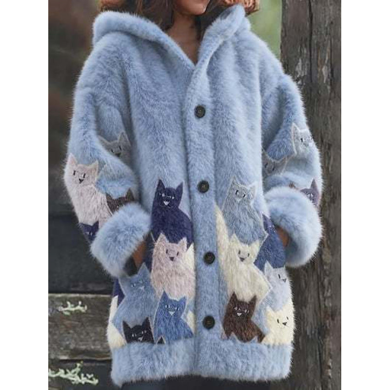 Womens Hooded Coat Printed Plush Hoodie Long Top