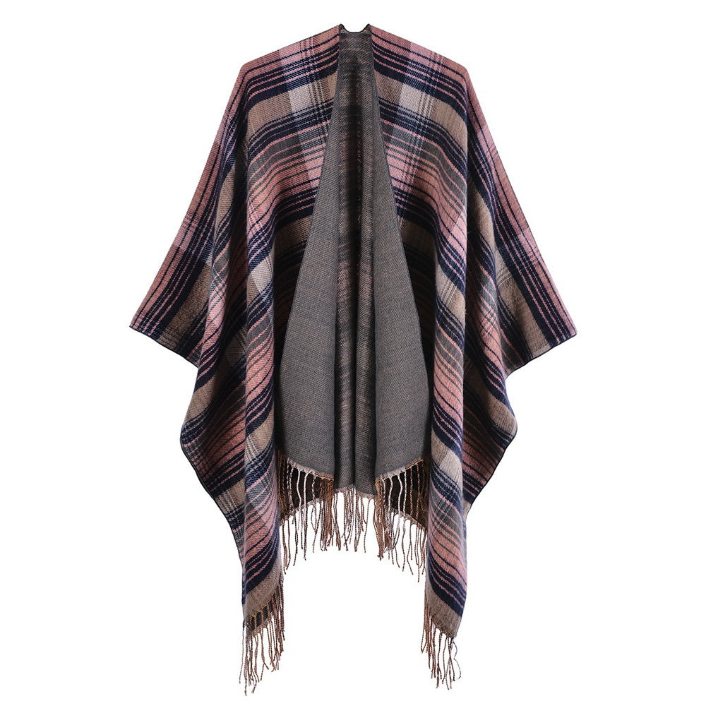 Classic Colorful Plaid Shawl Cape Faux Cashmere Tassel Thickening