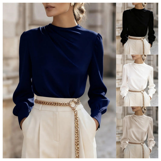 Simple Commuting Temperament Pleated High-neck Lantern Sleeve Blouse For Women