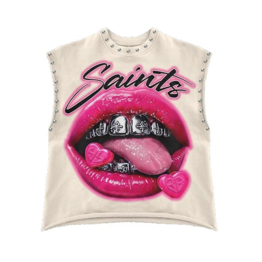 Nostalgic Lip Print Studded Casual Vest