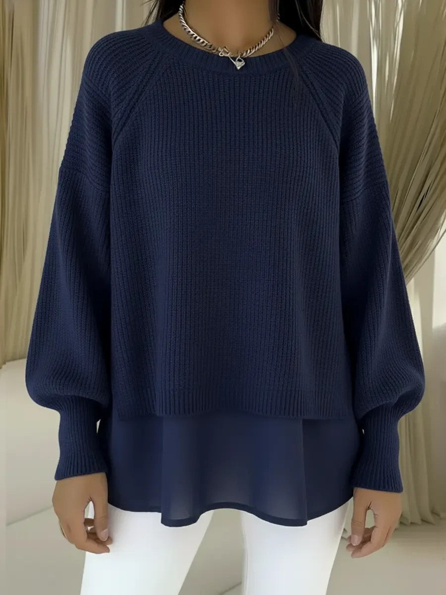 Solid Color Casual Crew Neck Sweater With A Chiffon Hem And Puff Sleeves