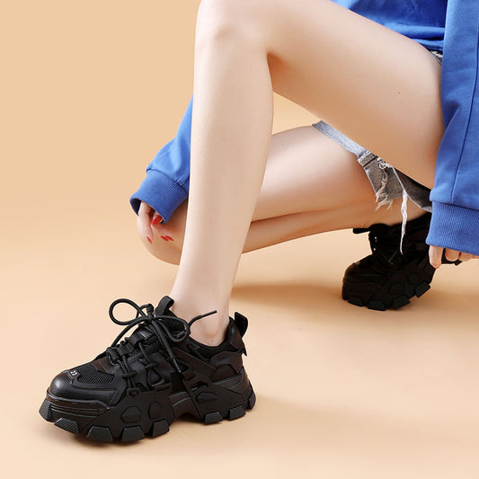 Colorblock Dad Shoes Women's Leather Thick Sole Mesh