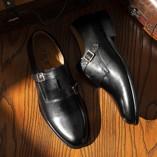 Men's First Layer Cowhide Summer Round Toe Double Buckle Retro Style Business Leather Shoes
