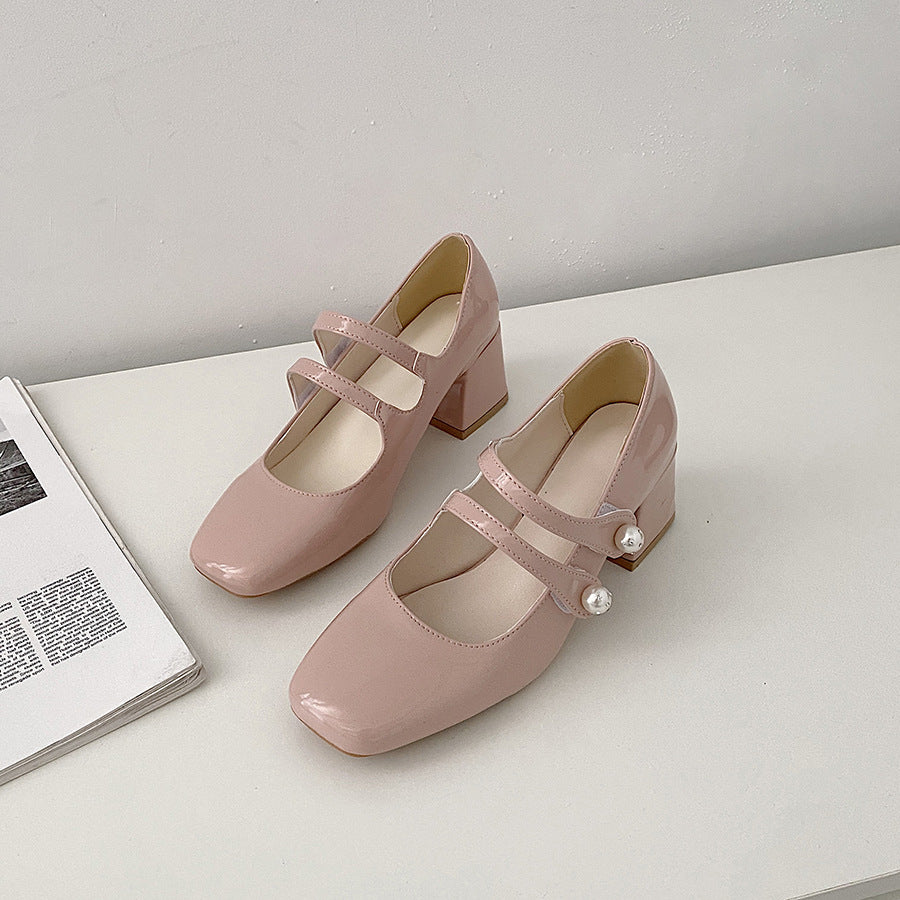 Thick Heeled Square Toe Evening Breeze Gentle French Women's Shoes