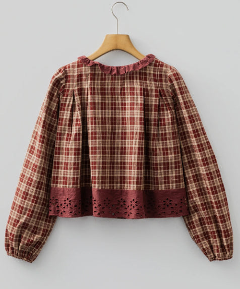 Red Dahlia Check Hollow Lace Edge Button Loose Long Sleeve Shirt