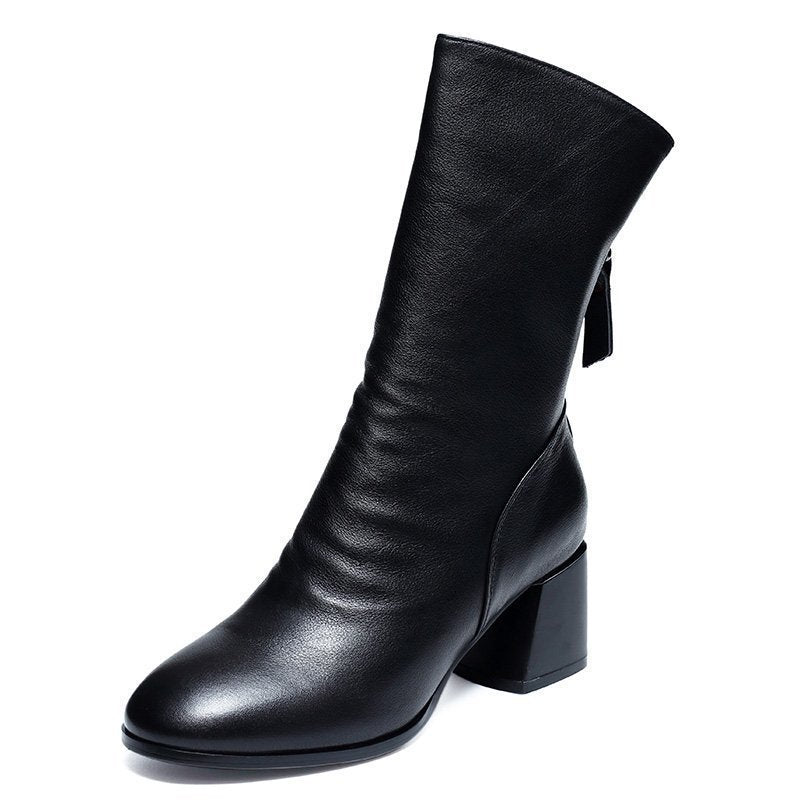 Women's Mid-heel Retro Back Zipper Mid-boots