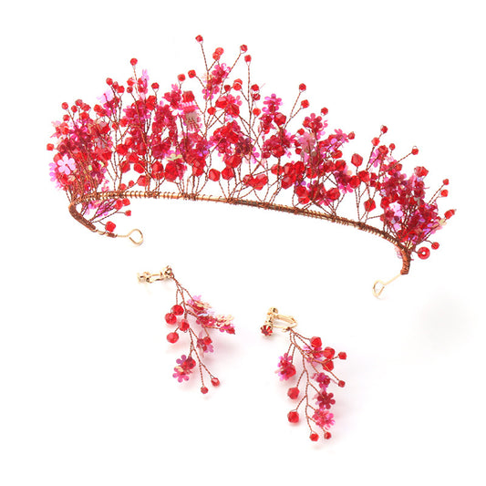 Handmade Hair Ornaments Red Crystal Crown Chinese Wedding Headdress