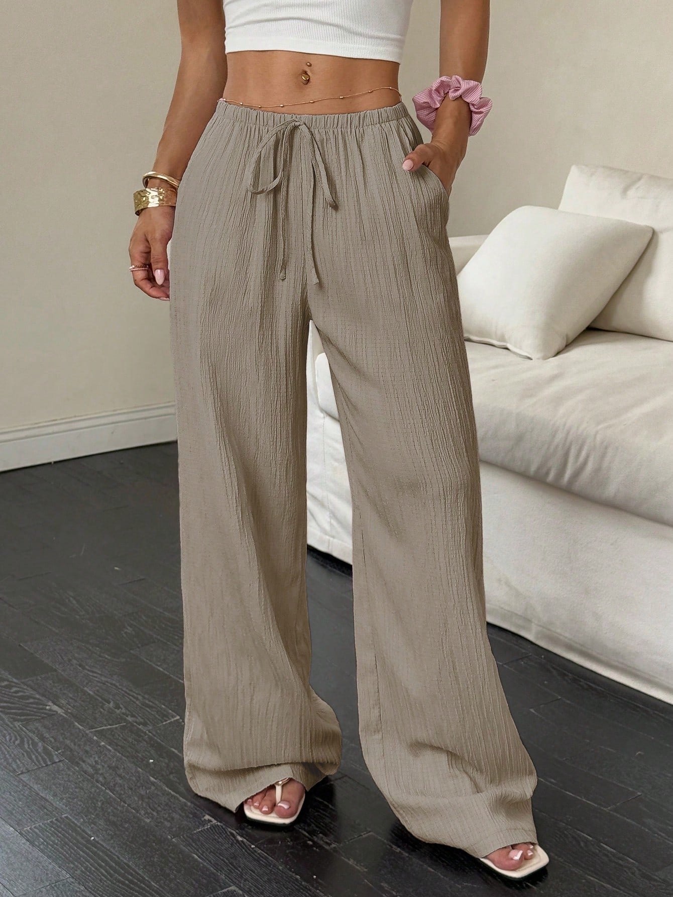Flirla Women's Casual Versatile Solid Color Wide Leg Pants