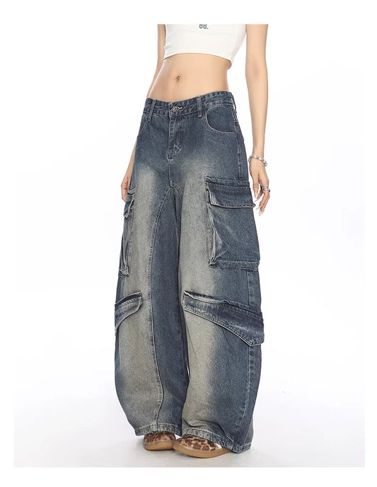 Vaskede denim matchet bukser med flere lommer