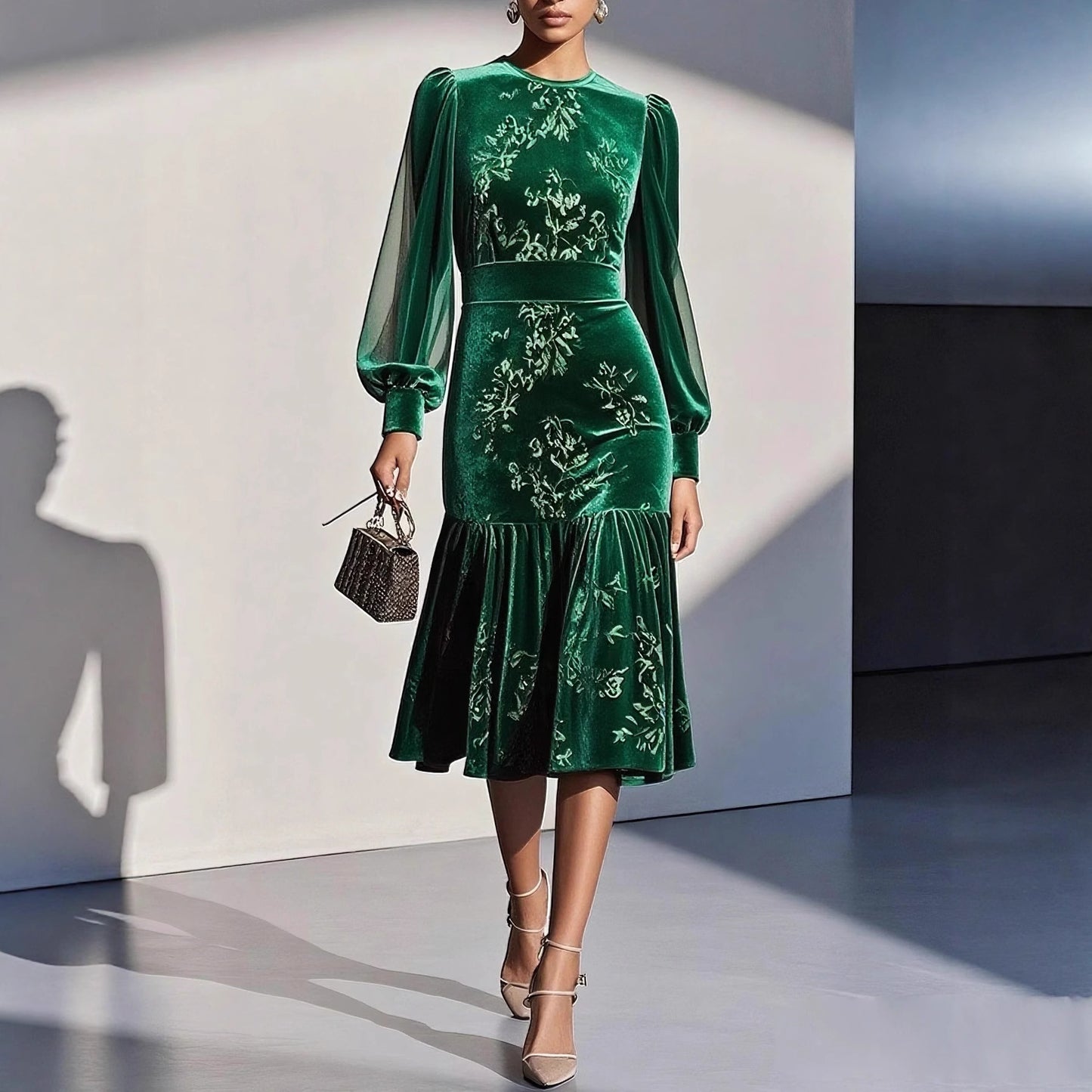 Womens Autumn Winter Caramel Velvet Mermaid Dress