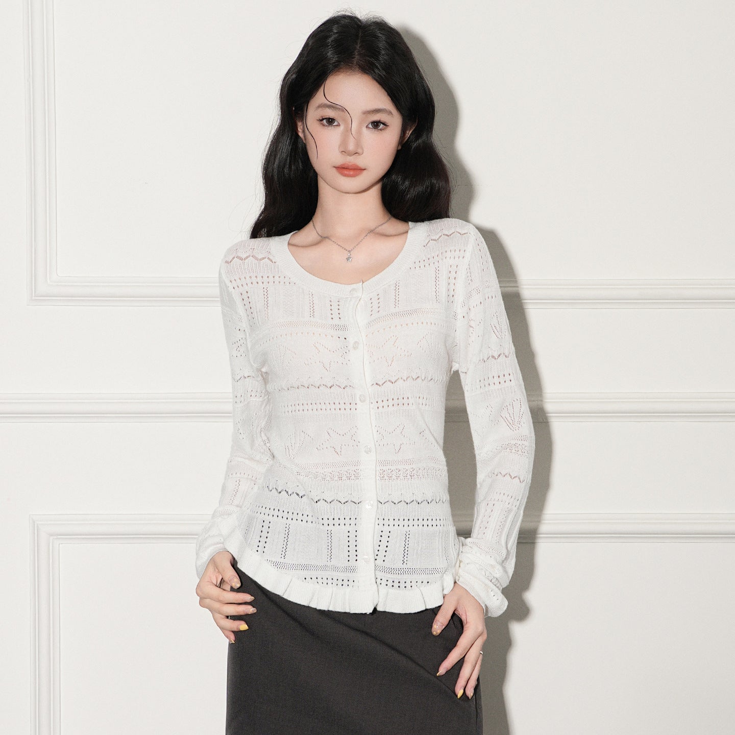 Hollow-out Design Long Sleeve Knit Cardigan