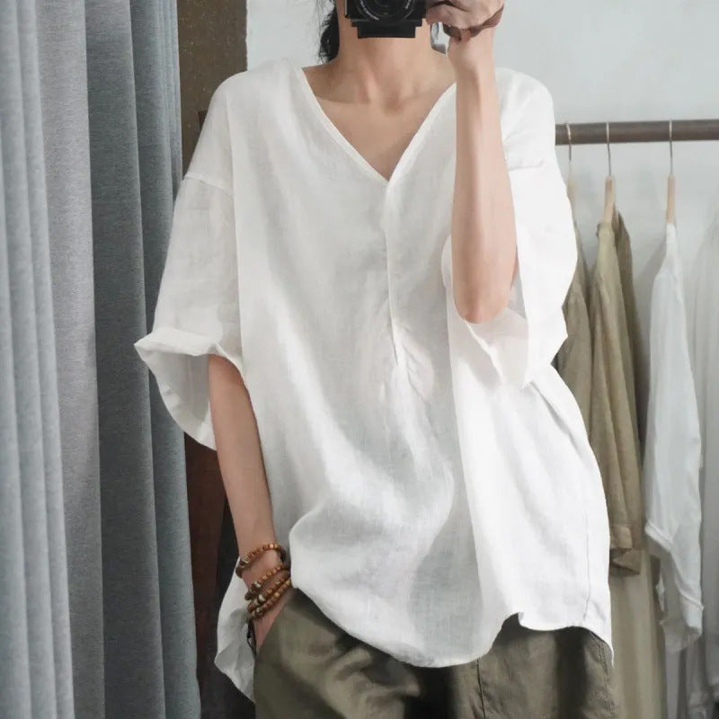 Half-sleeved Casual Loose-fitting Plus Size V-neck Top T-shirt With Short Sleeves