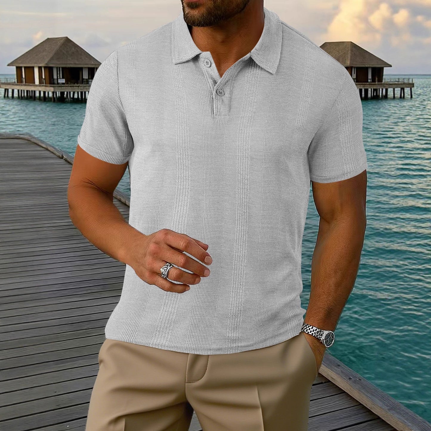Kortærmet t-shirt med revers og struktur til mænd