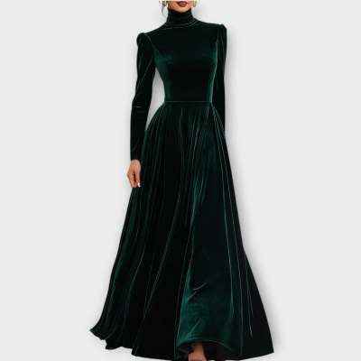 Womens Elegant Long Dress With A High Neck And Puffed Sleeves