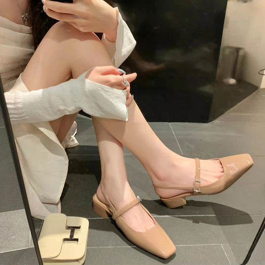 French Square Toe Mary Jane Shoes Rhinestone Square Buckle Chunky Heel