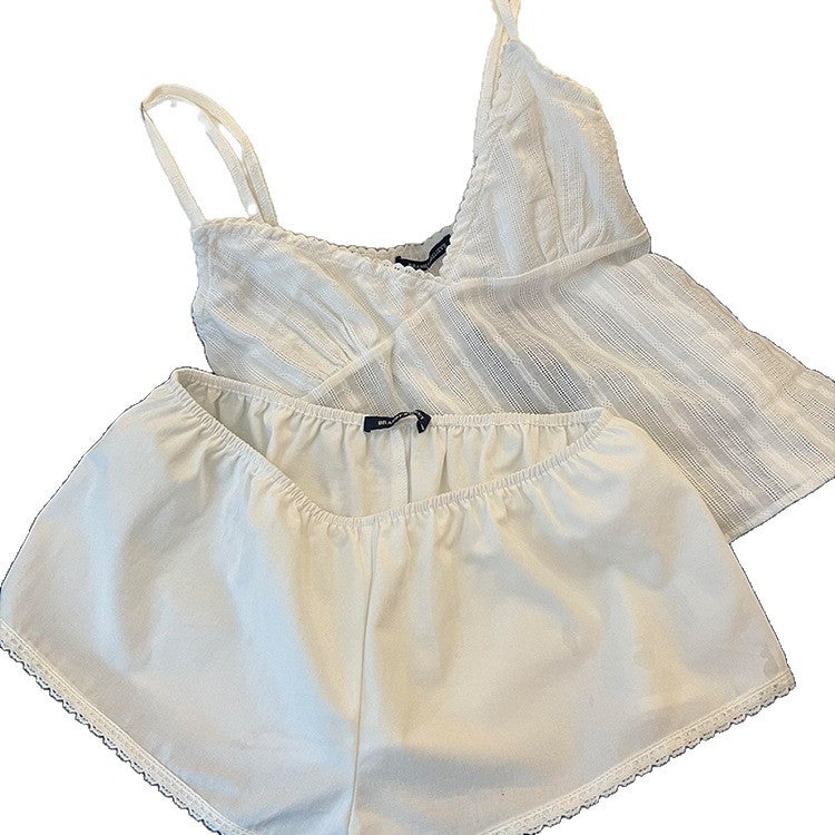 Home Simple Slim Fit White Suspender Pajamas For Women