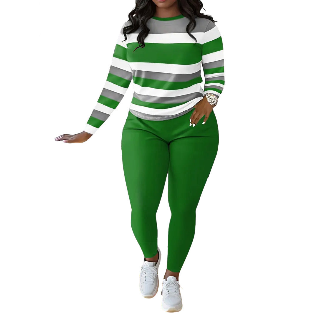 Stylish Striped Print Crew-neck Long-sleeve Pants Set