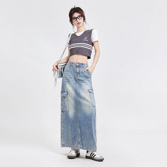 Kvinders A-formet nederdel i denim – Moderne lang nederdel med vask