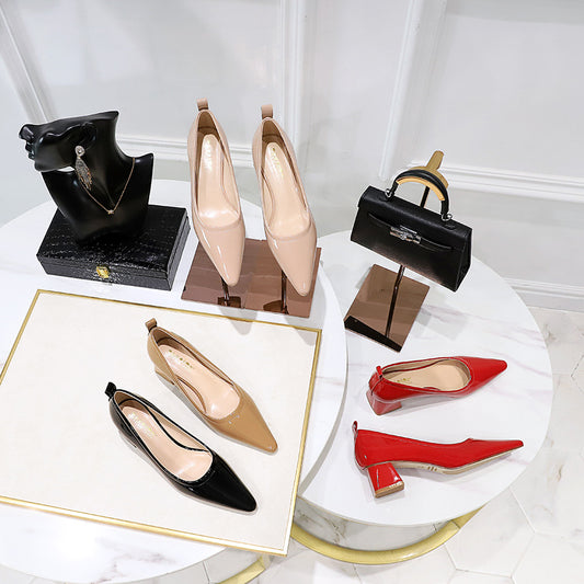 Thick Heel Medium Heel Patent Leather Shallow Mouth