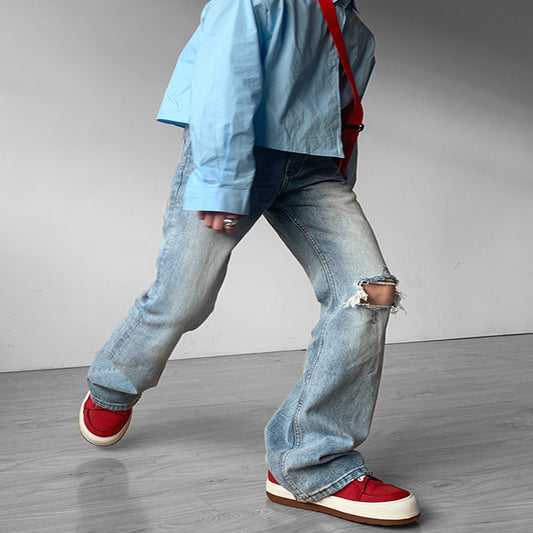 Light Blue High-end Niche Niche Knee Ripped Jeans