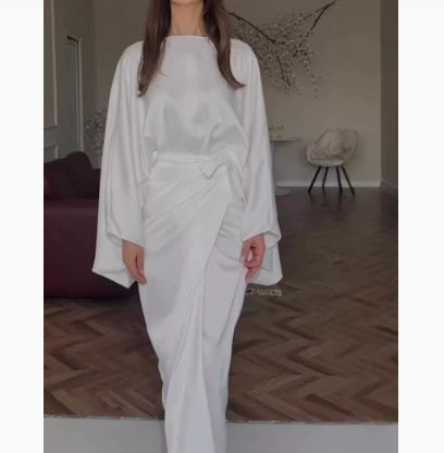 Batwing Sleeve Belt Waist Slimming Solid Color Dress