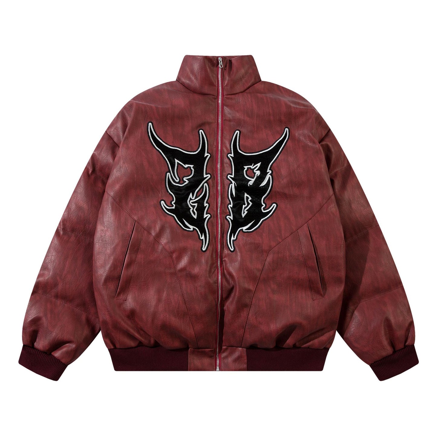 American Retro PU Leather Bread Coat Veneer Embroidery Thickening Cotton Coat Jacket