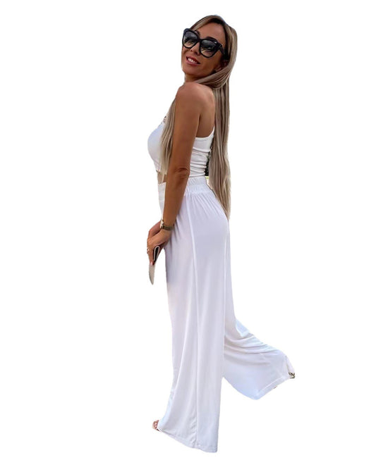 Solid Color One Shoulder Long Sleeve Pants Casual Suit Women