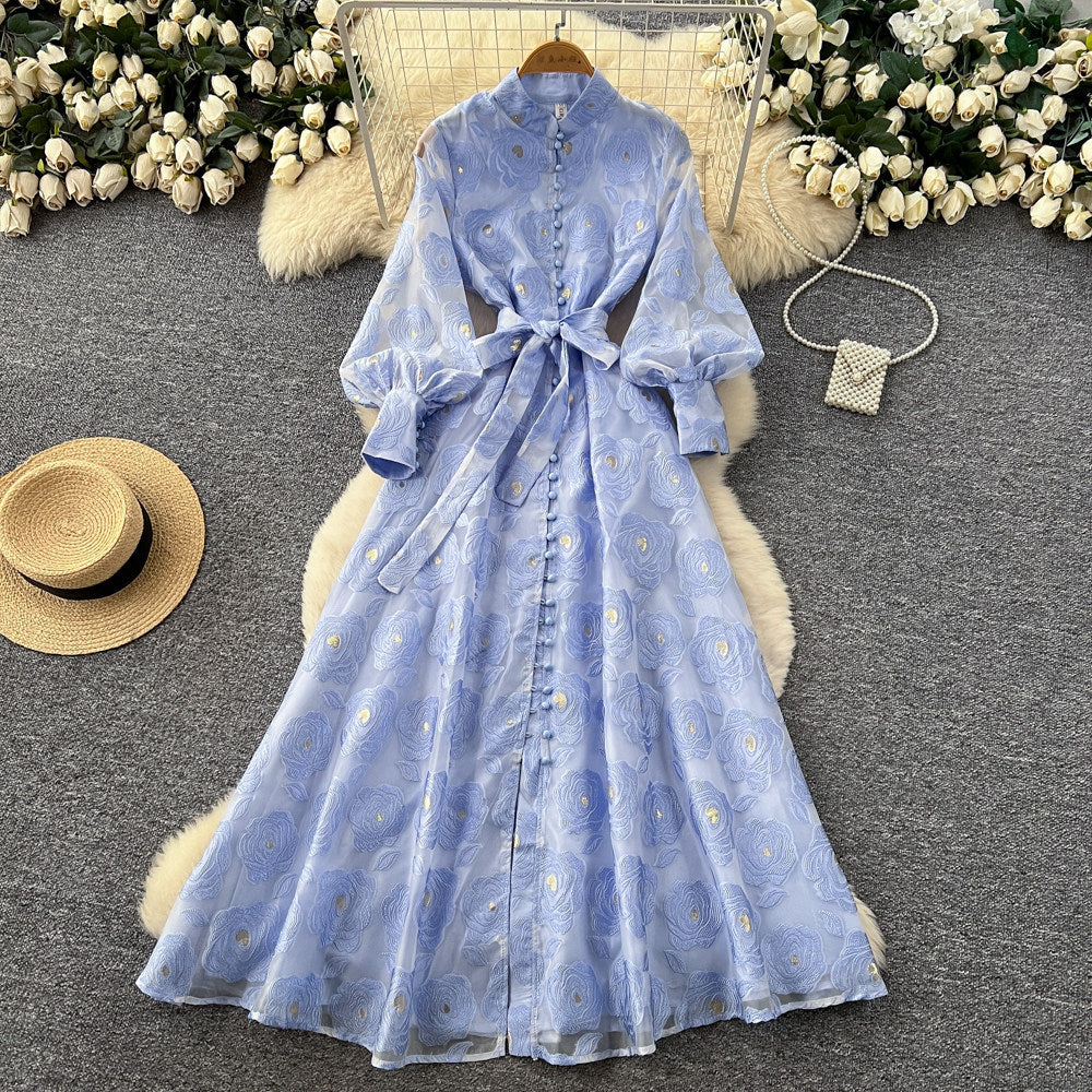 French Romantic Style Stand Collar Lantern Sleeve Heavy Embroidery Dress