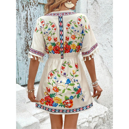 Bohemian Retro Ethnic Print Temperament Waist-controlled Slimming And Short Holiday Dress