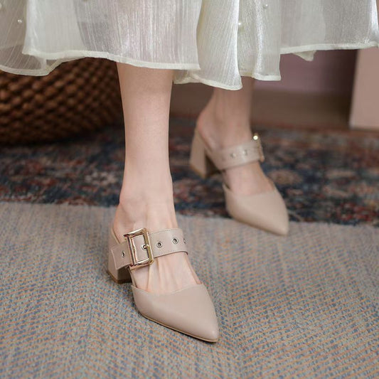 Womens Korean-style Pointed-toe Chunky-heel Closed-toe Slippers