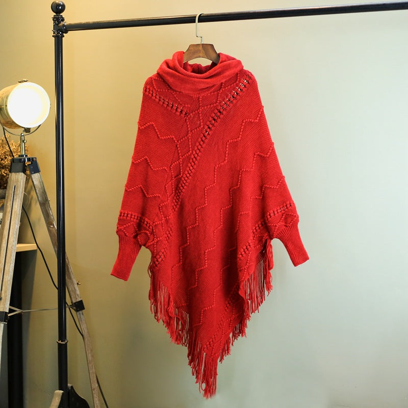 Efterår og vinter Ny strikket sjal med kvaster Højhalset Varm flagermusærmet pullover