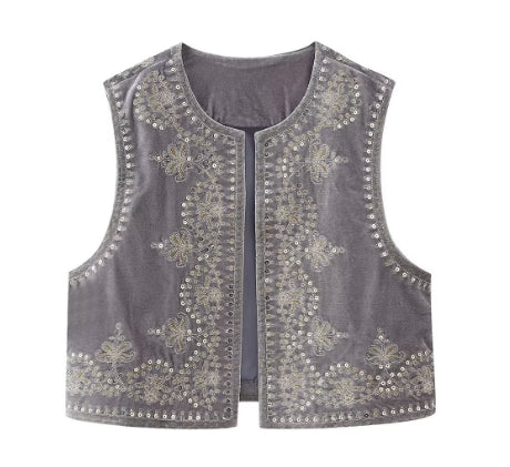 Euro-american Style Women's Retro Fashion Casual Embroidered Velvet Vest