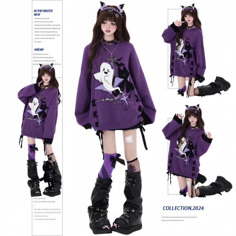 Original Black And Purple Contrast Color Lace-up Loose Sweater