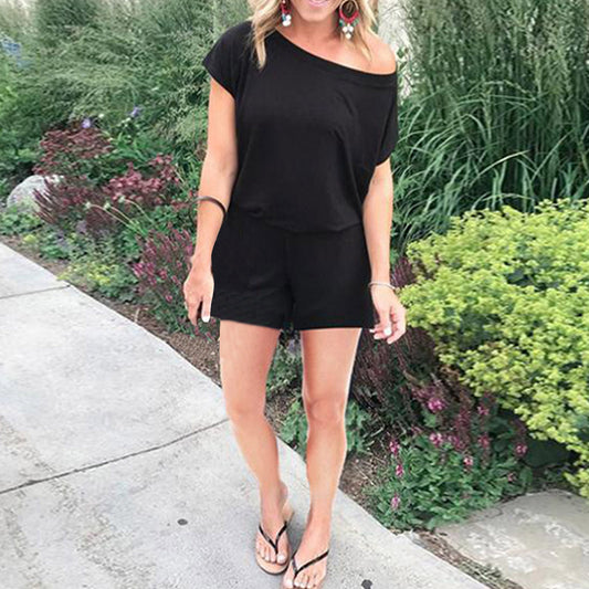 Women's Solid Color Loose Fashion Diagonal Shoulder Short-sleeved Jumpsuit