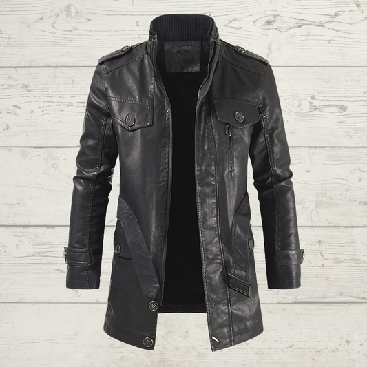 Men's Plus Velvet Casual Stand Collar Leather Trench Coat