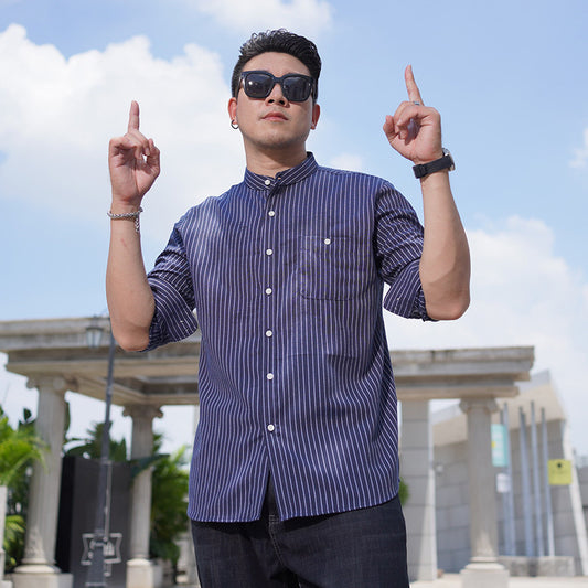 Men's Loose Casual Long Sleeves Stand Collar Striped Shirt