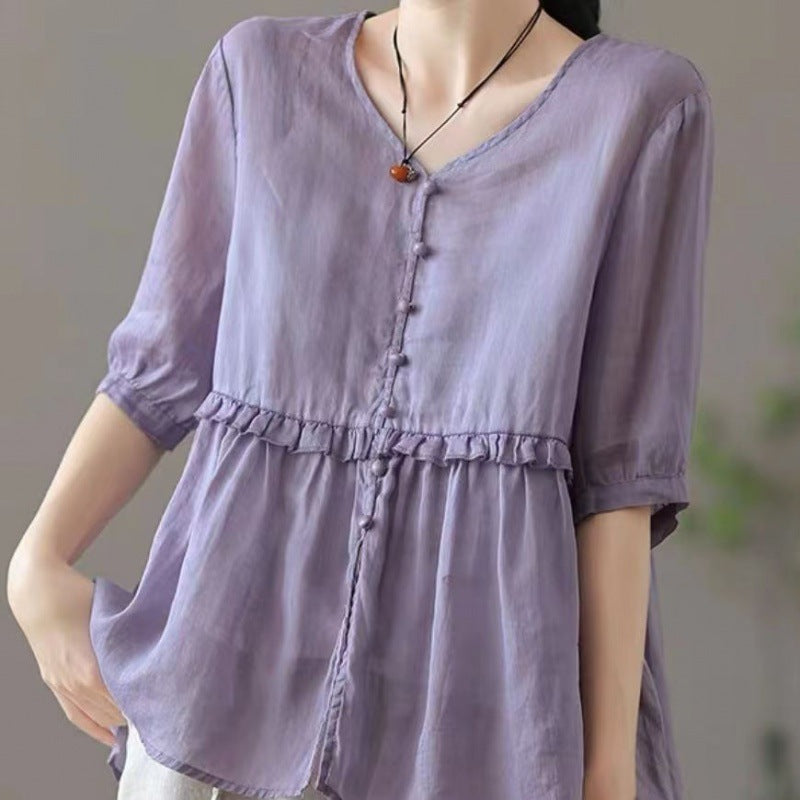 Loose V-neck Half Sleeve Cotton Linen Shirt