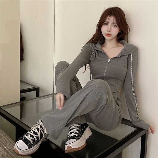 Women's Long-sleeved Sweatshirt High-waisted Casual Wide-leg Pants Two-piece Set