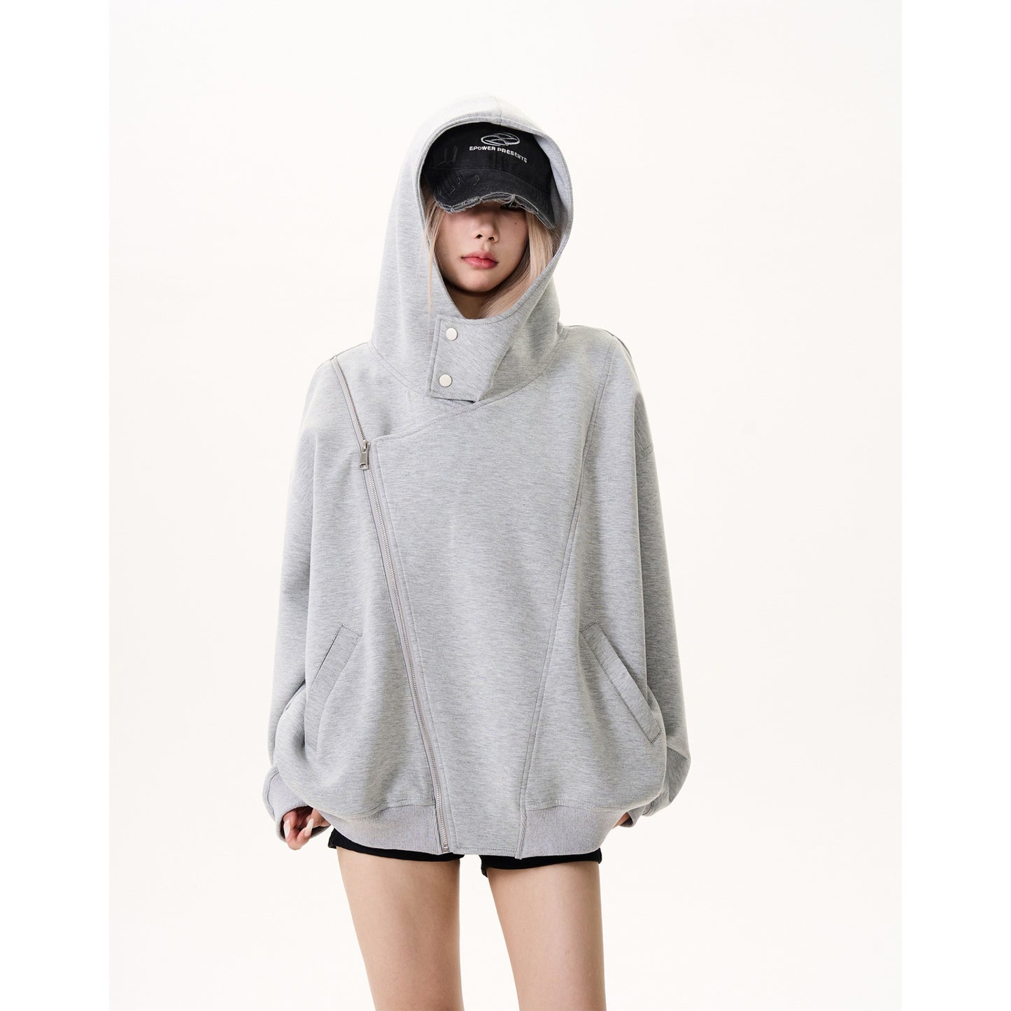 Retro Double Zipper Stitching Deconstructing Air Layer Hooded Sweater