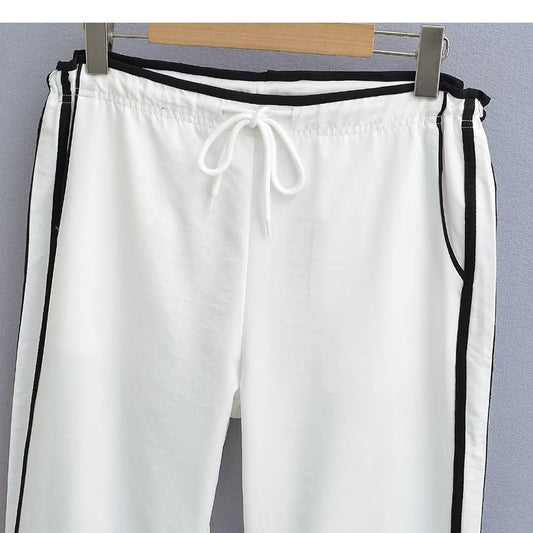 Ribbon Parallel Bars Contrast Color Loose Straight Slimming Draping Pants
