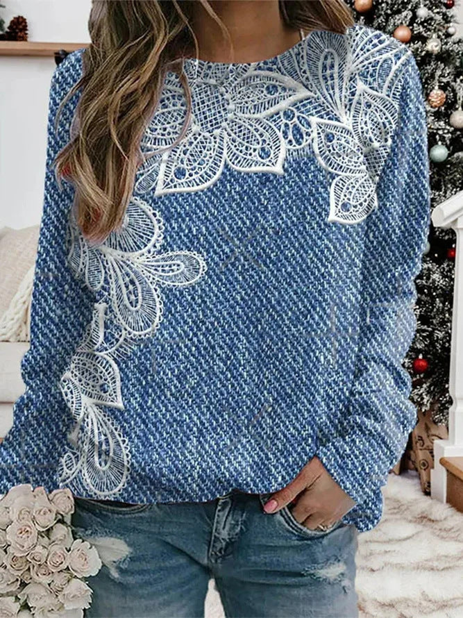 Long Sleeve Round Neck Western Style Sweater Top Women's Clothing