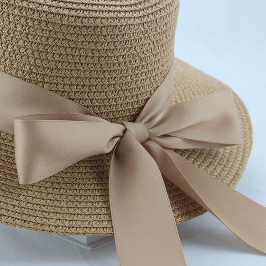 Women's Summer Bow Ribbon Flat Brim Straw Hat