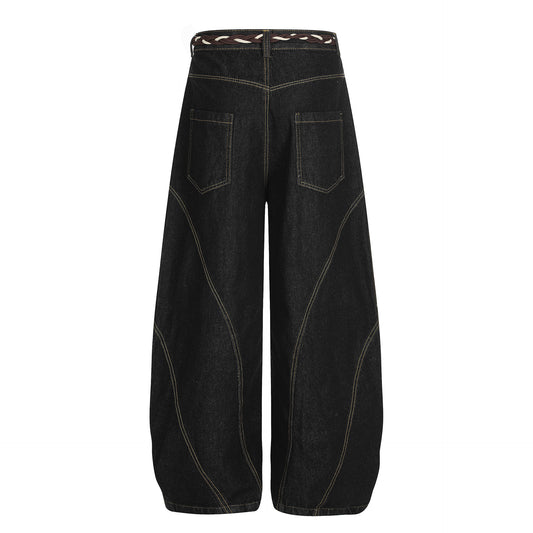 Retro Patchwork Waist Chain Washed Machete Jeans For Men And Women