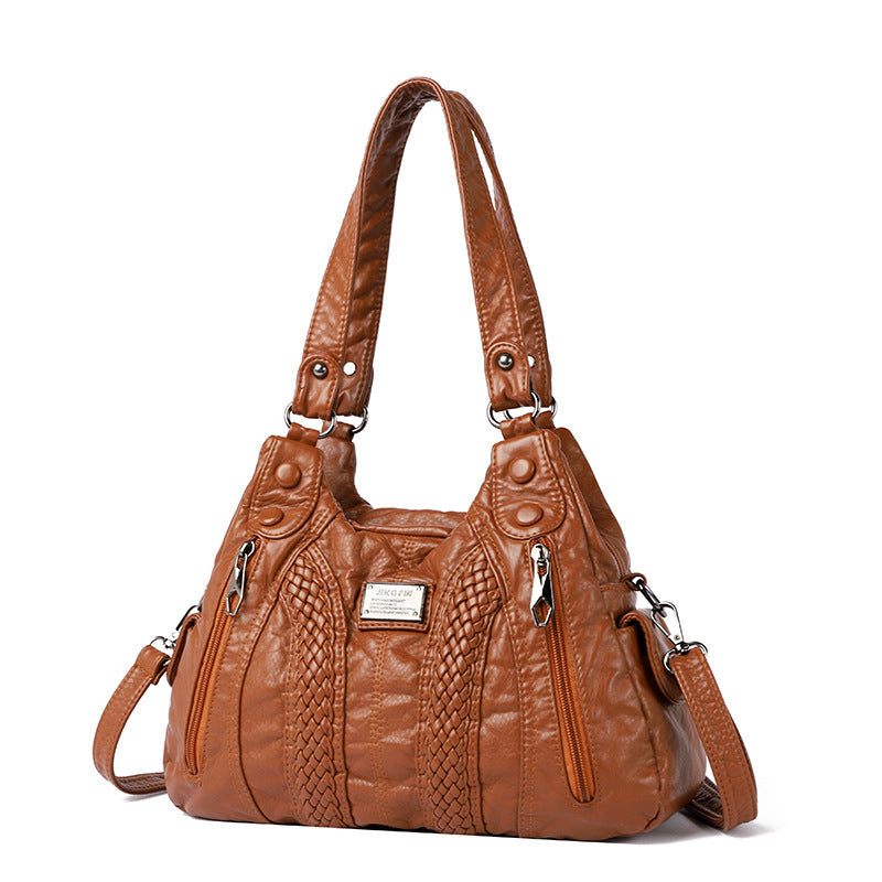Real Washed Leather Woven Locomotive Commuter Large Capacity Soft Leather Portable Shoulder Bag For Women