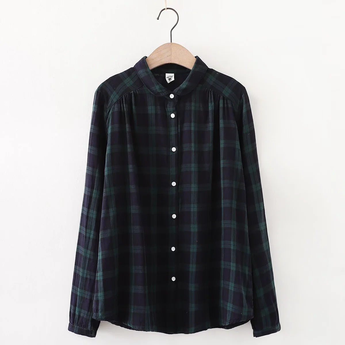 Womens Retro Small Lapel Double-Layer Cotton Yarn Long-Sleeve Shirt